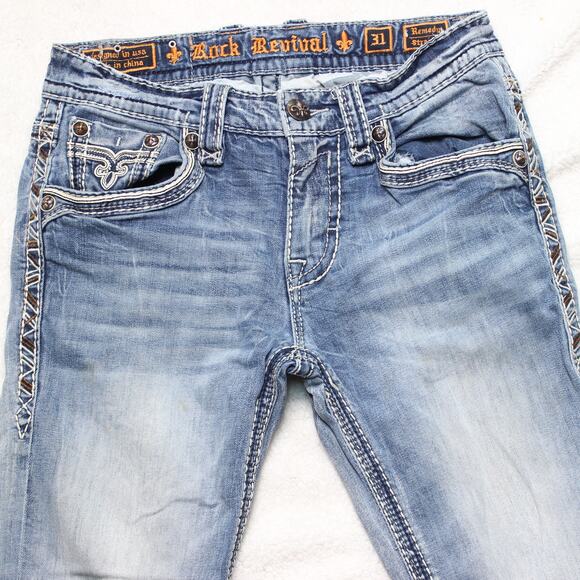 Rock Revival Remedy J Straight Leg Jeans Size 31 Distressed Light Wash - Picture 2 of 11